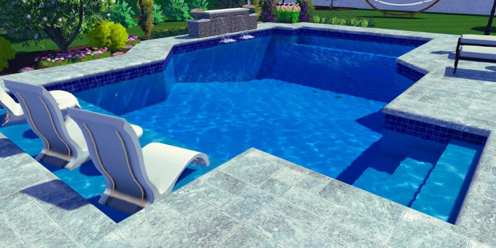 A swimming pool with white chairs arranged around it.