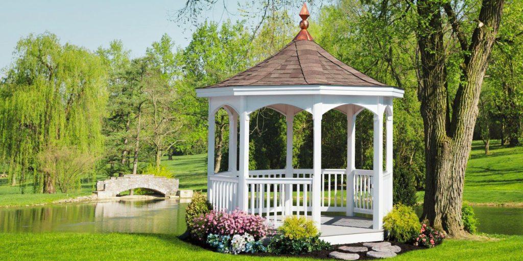  Garden gazebo is located near a lake 