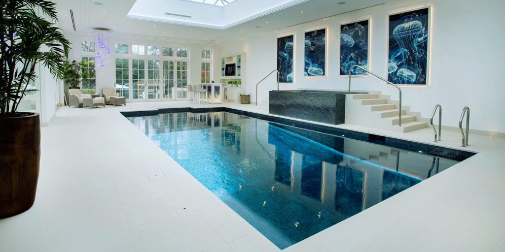 An indoor swimming pool in a room, with a houseplant and flowerpot next to the pool. 