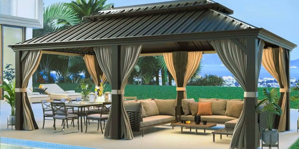 Gazebo with a table and chairs, set in a relaxing outdoor environment.