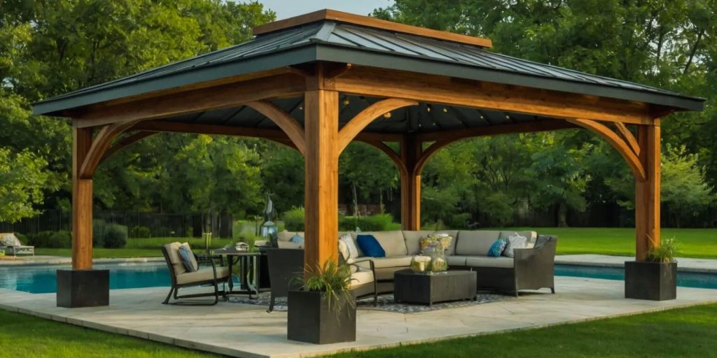 A large gazebo, surrounded by trees and plants.