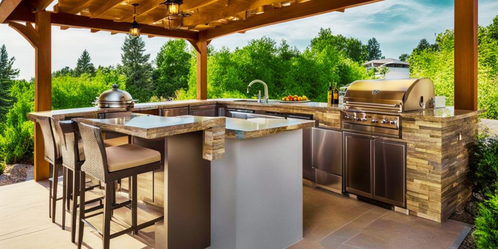 A kitchen with a table, furniture, countertop, plant, and is set outdoors.