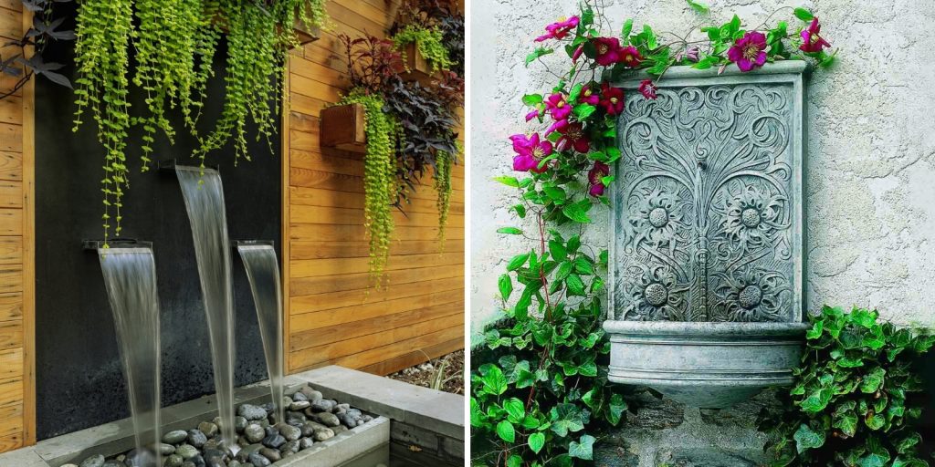 Wall mounted fountains, an outdoor setting with flowers and plants 