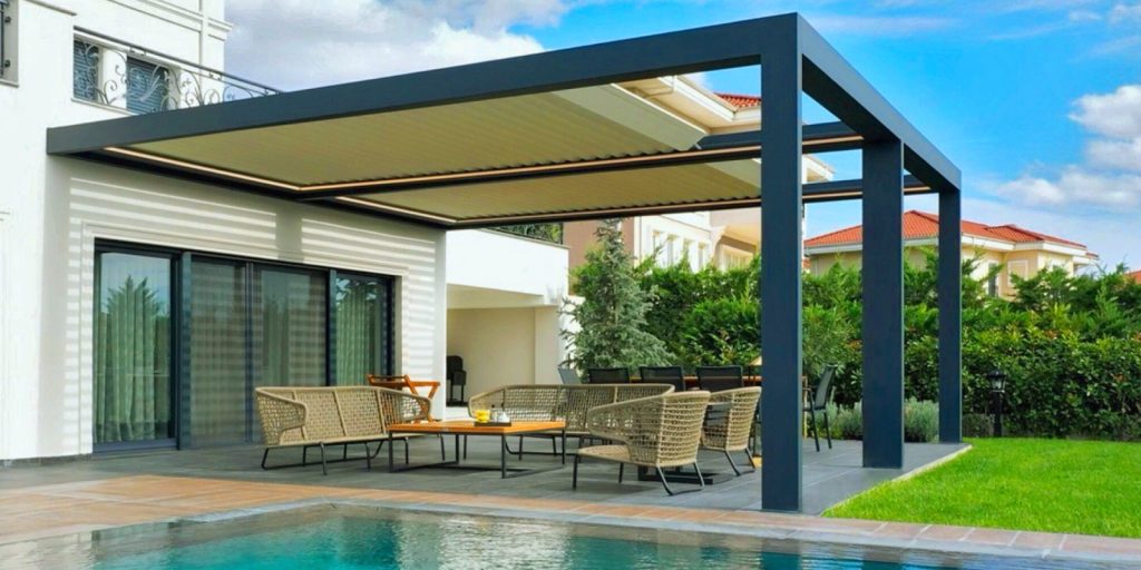 A pool with a pergola surrounded by chairs.