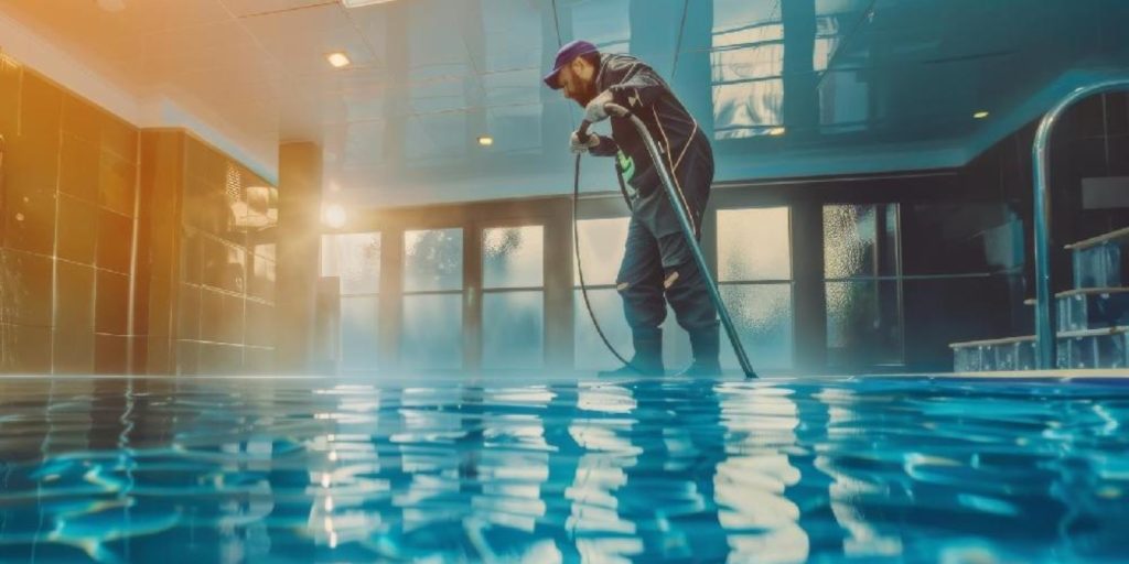  Maintenance, a man in a swimming pool.