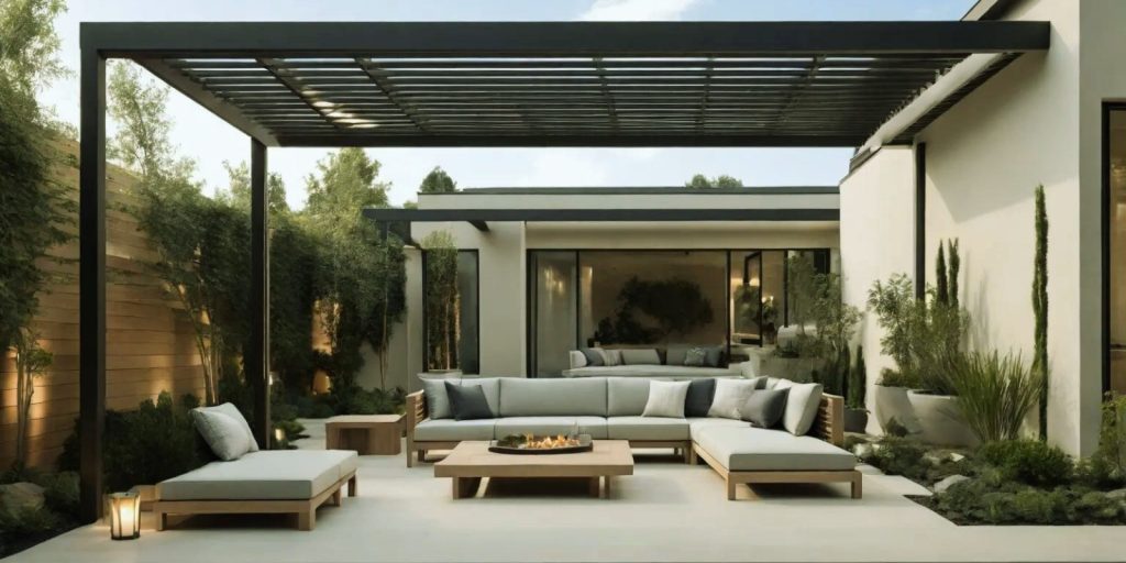 A modern pergola with a large glass front porch.