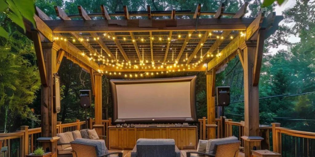 A timber frame pergola with a screen and chairs.