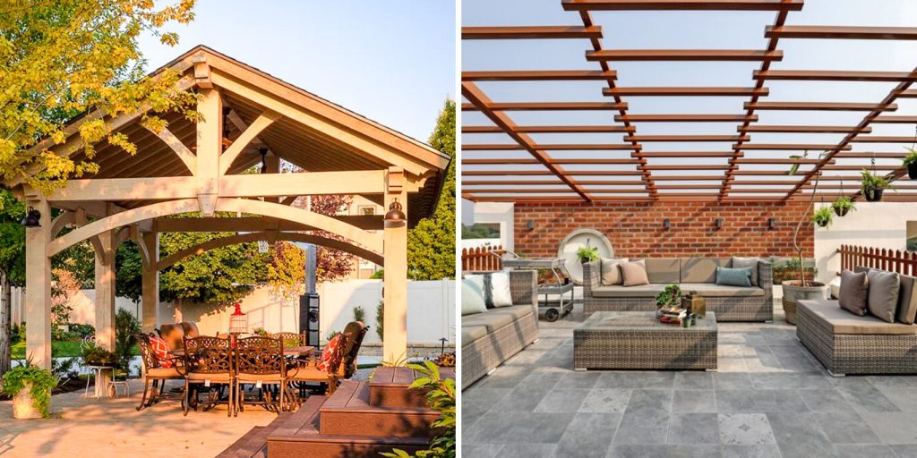 A covered pergola and open, pergola featuring outdoor furniture like a table, bench, and chairs. 