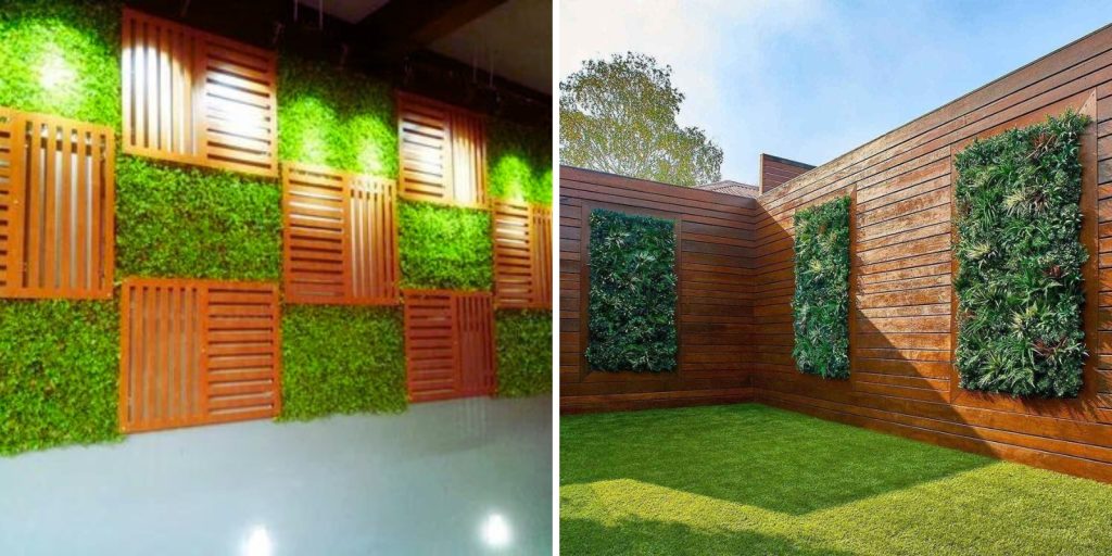 A pair of vertical garden artificial grass wall and architecture elements